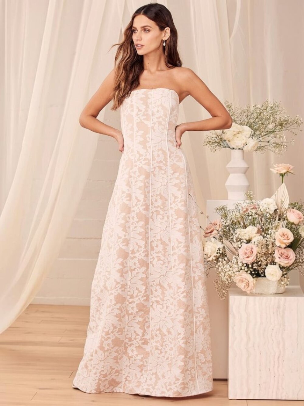 NWT Lulus Hold My Heart Forever White Embroidered Strapless Maxi Dress (size S)